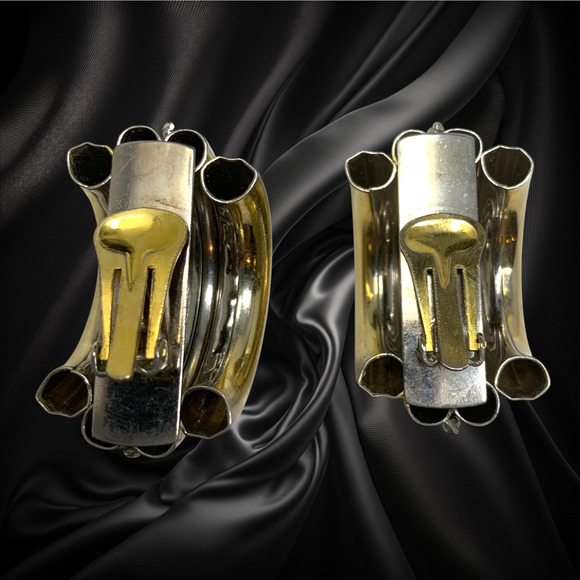 Vintage 1980's Oversized Gold & Silver Tone Tubular Earrings Clip On Demi Hoop - Picture 4 of 6